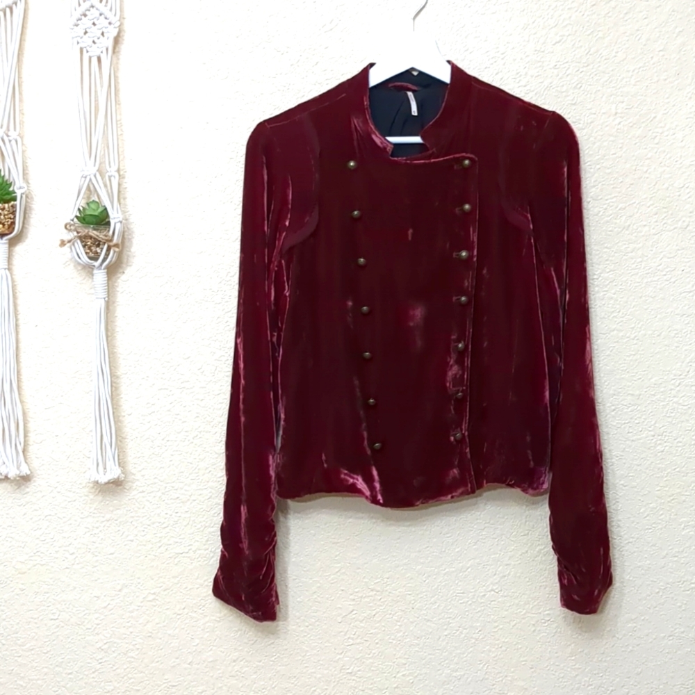 Free People Drippy Crushed Burnout Velvet Military Jacket Blazer Burgundy XS - Picture 6 of 16